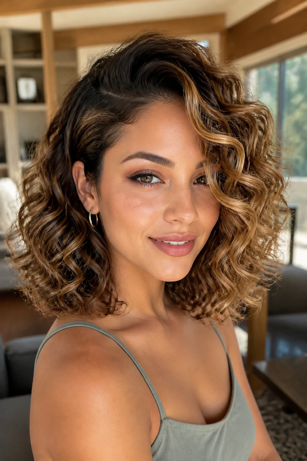 Close-up of a real woman with mid-length curls and golden caramel panels on the heavy side