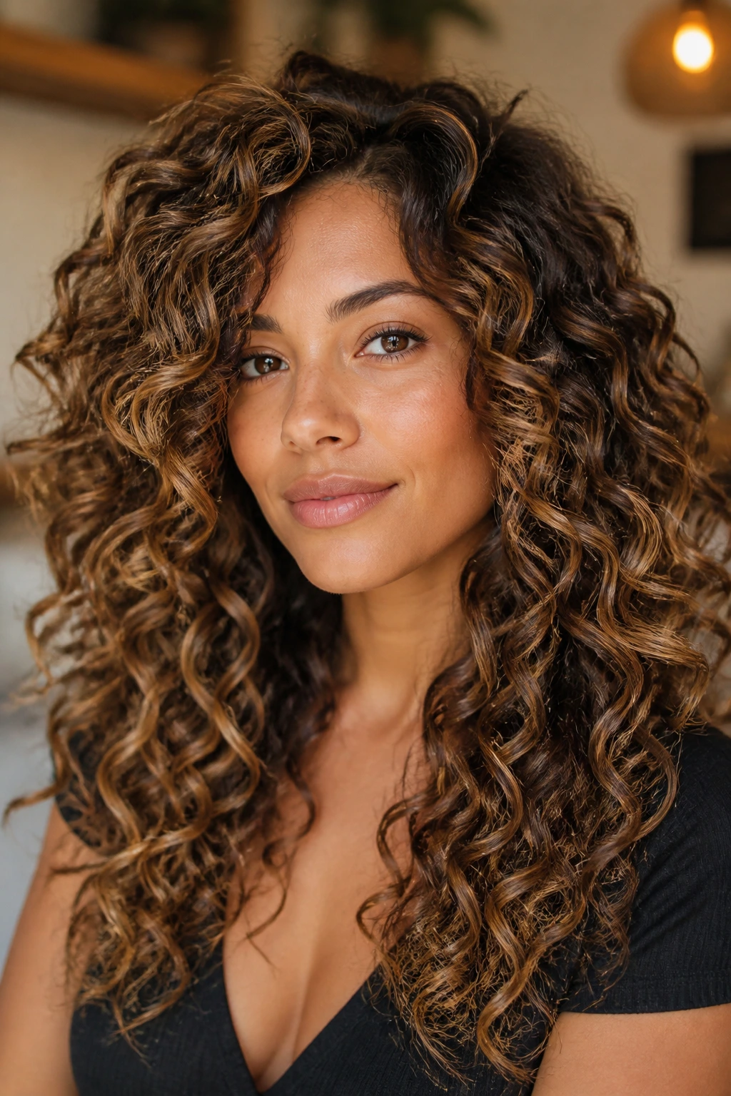 Portrait of a real woman with curls and cascading layers with honey caramel dimension.