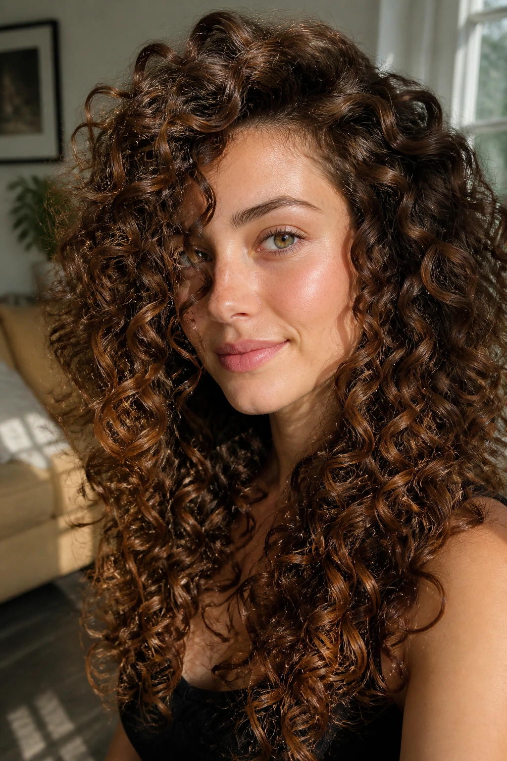 Close-up of a woman with chestnut caramel curls defined by curl-by-curl highlights