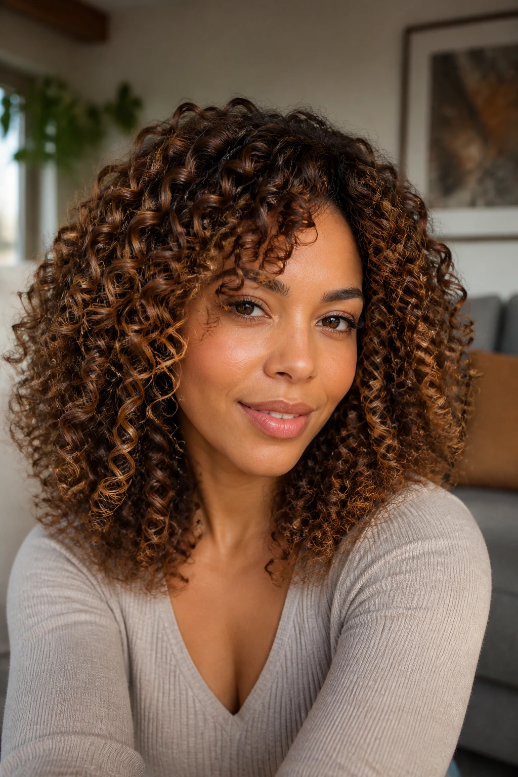 Close-up of a real person with cinnamon swirl highlights in curly hair under warm light