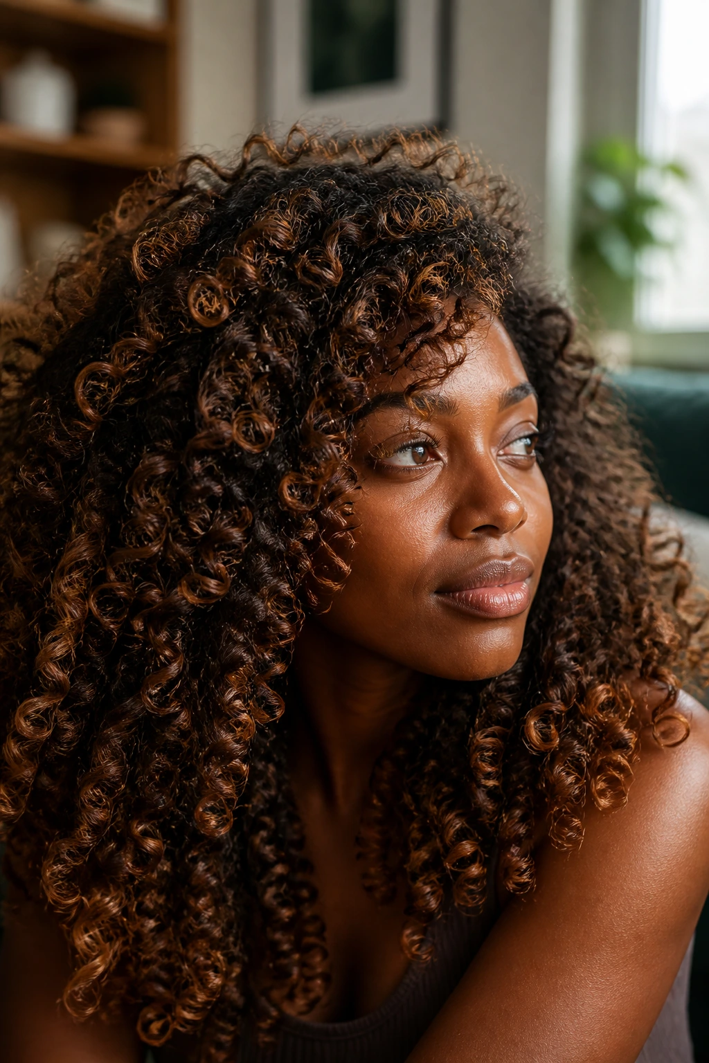 Close-up of a real person with deep skin tone, curly hair featuring caramel and copper highlights carried through the curls.