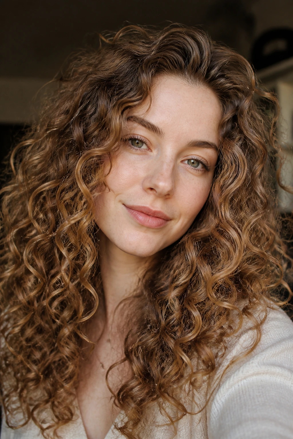 Close-up of a real woman with curly hair showing color dimension around the face