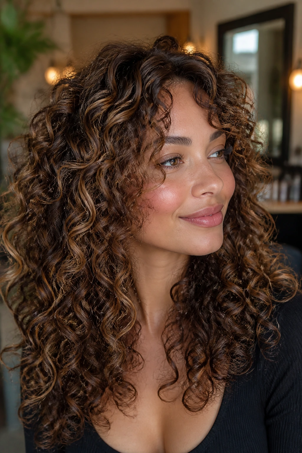 Portrait of a real woman with curly hair showing caramel, chestnut, and honey tones