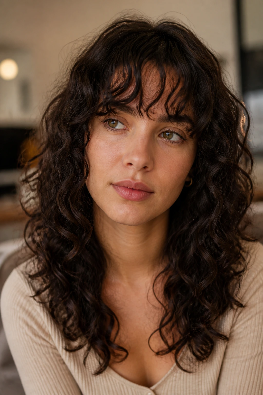 Close-up of a curly-haired person with a thoughtful look in a cozy consultation setting.