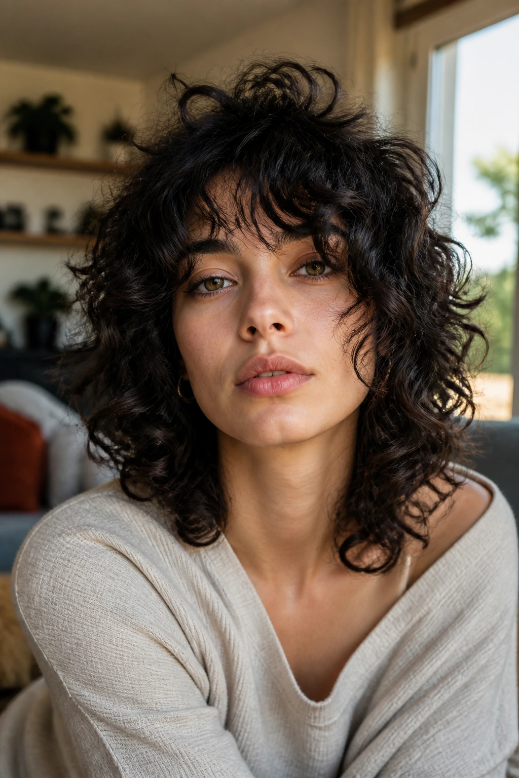 Close-up of a real woman with a curly shag featuring crown lift and voluminous crown.