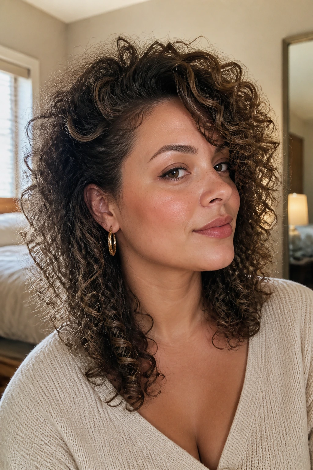 Close-up of a real woman with crown lift, diagonal side sweep, and tapered curly hair in a warm bedroom.