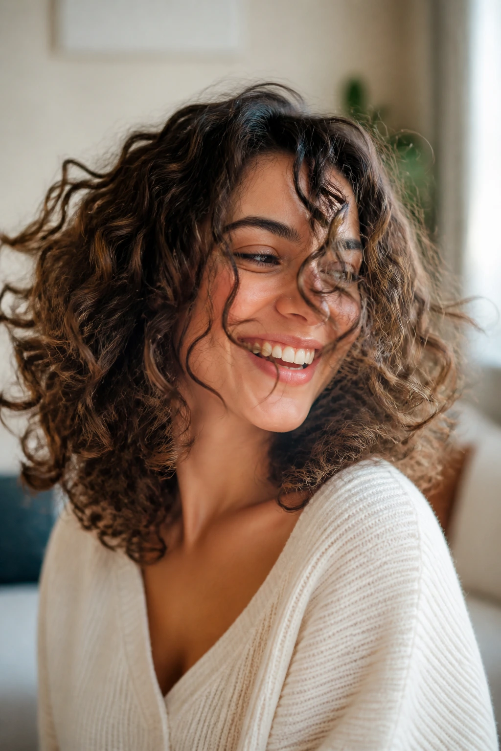Close-up of real woman with curly hair in motion