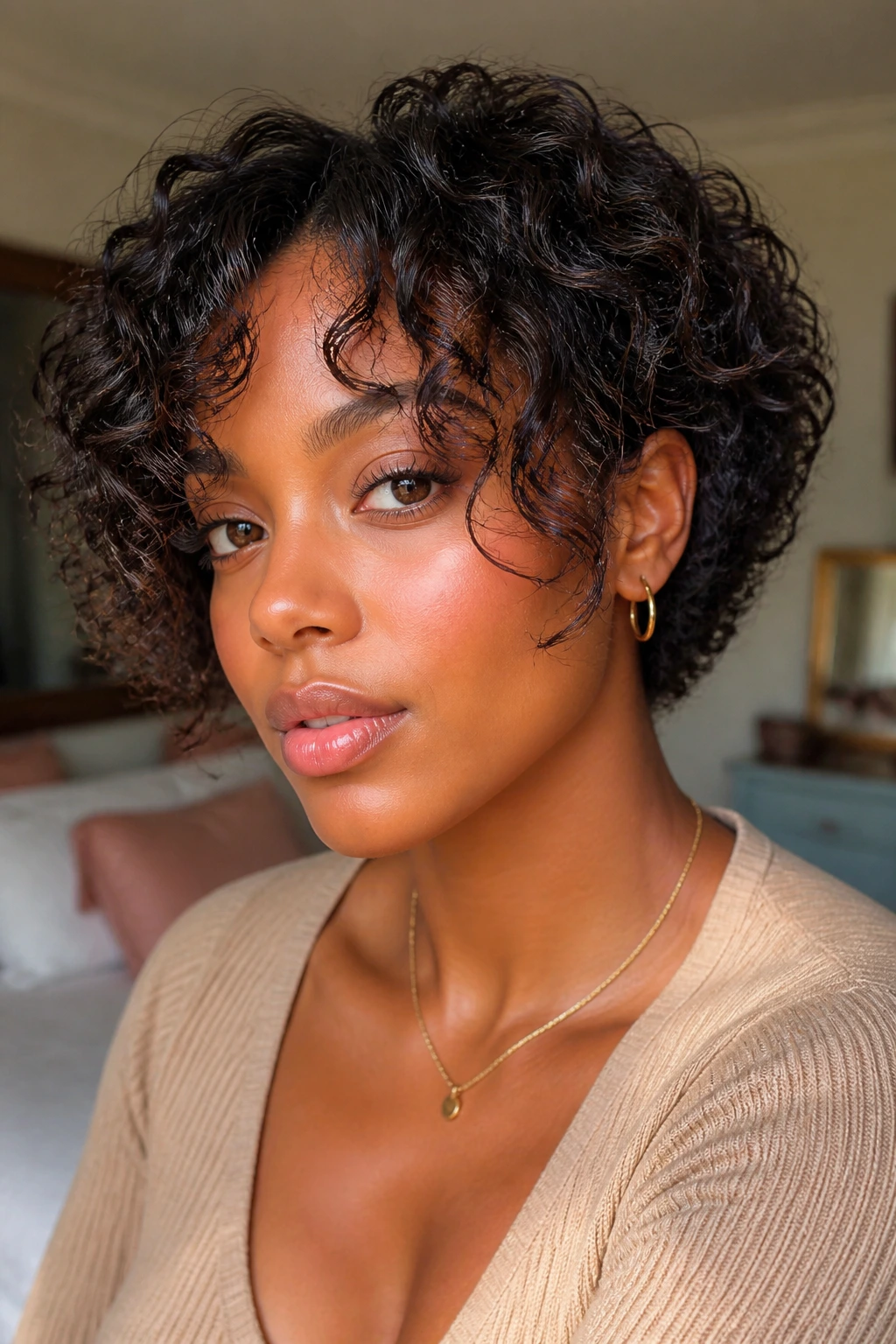 Close-up of a real Black woman with short curly hair and curtain bangs under natural window light