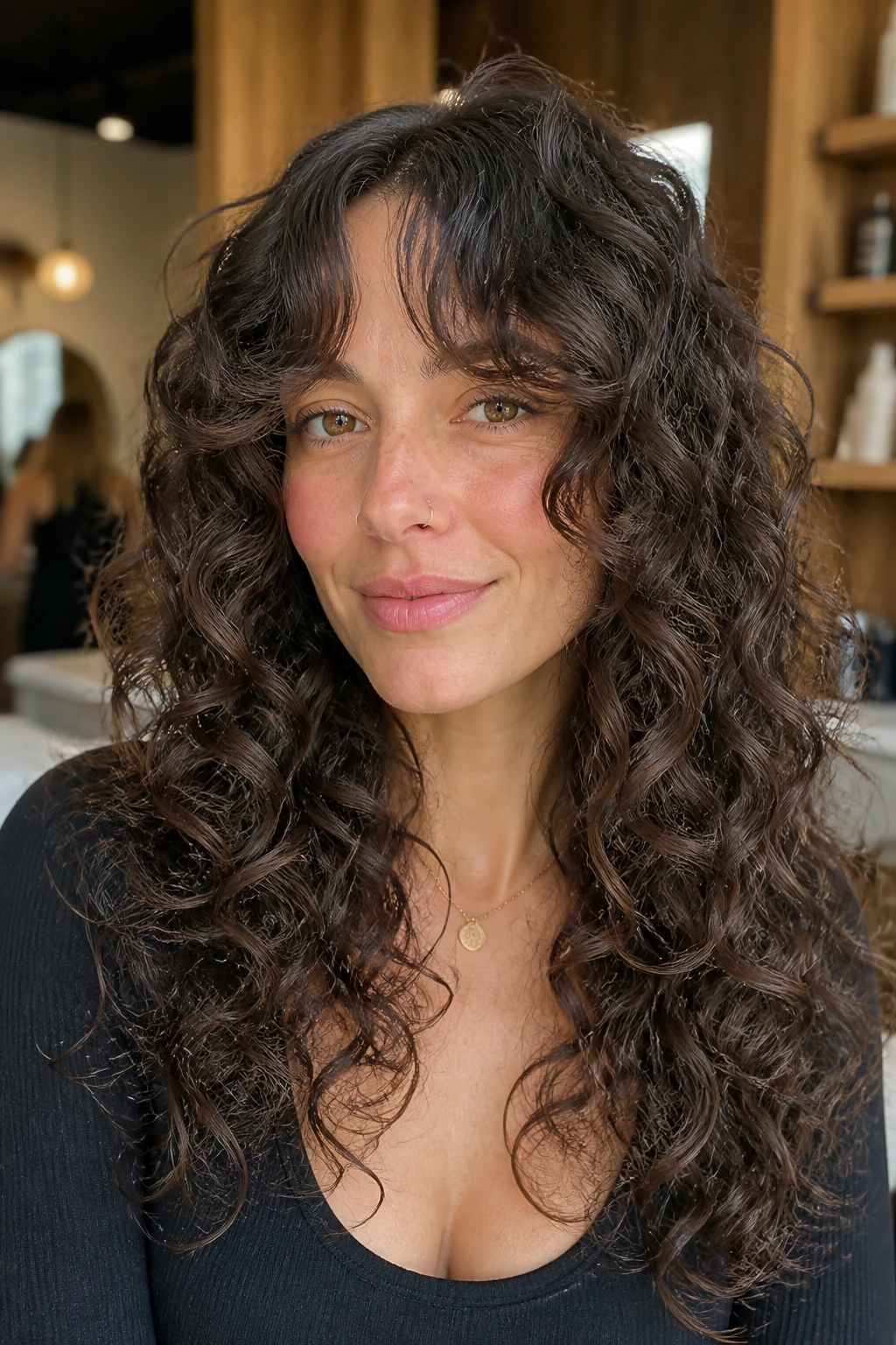 Close-up of a real woman with curly hair featuring curtain bangs and long spiral layers framing the face