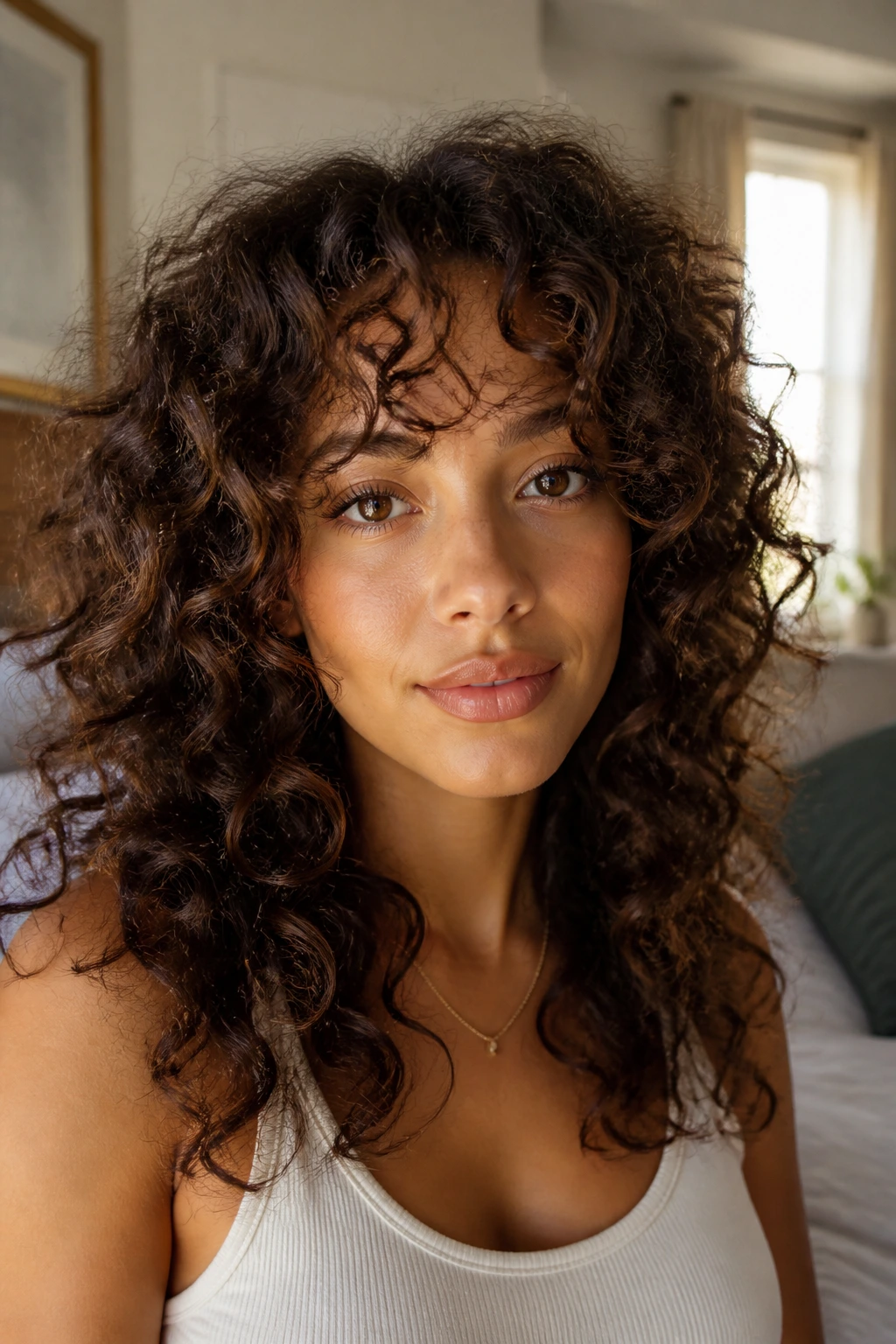 Close-up portrait of a real woman with curly hair and curtain bangs framing her face, warm natural light.