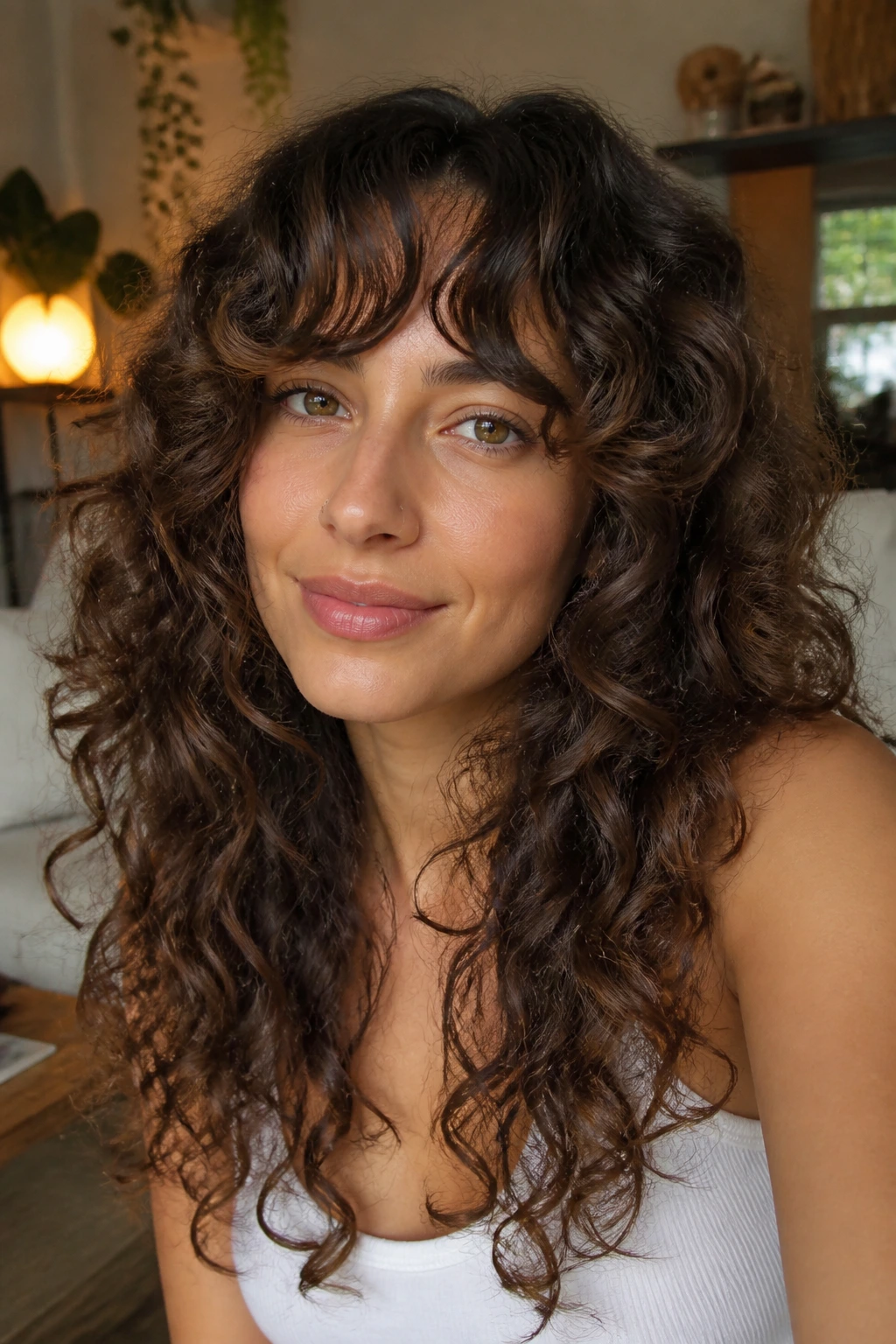 Close-up real person with curly long layers and curved curtain bangs