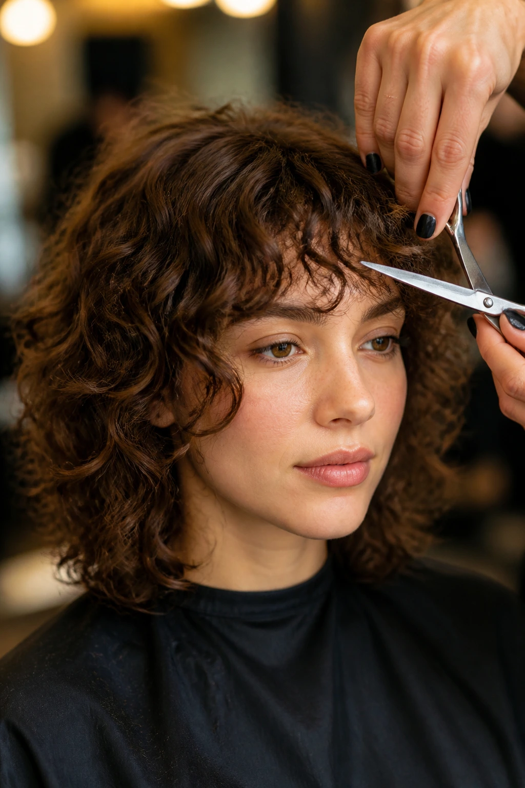 Close-up of a real woman with curly curtain bangs during a trim in a salon