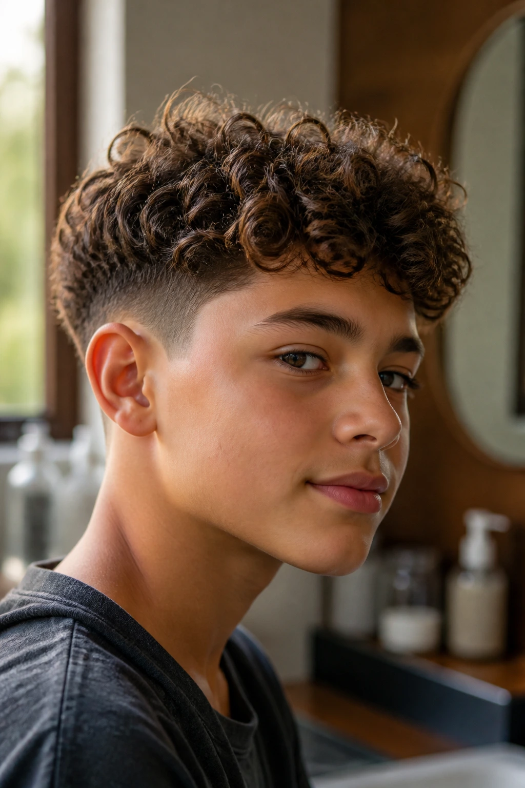 Close-up portrait of a boy with tapered sides and curly top