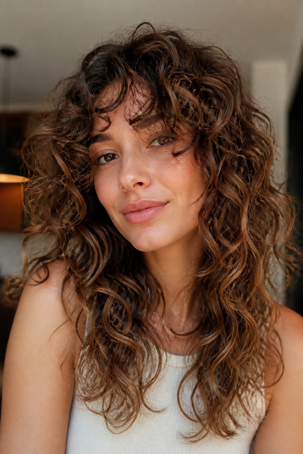 Real person with layered curly hair illustrating cut-driven shape and definition