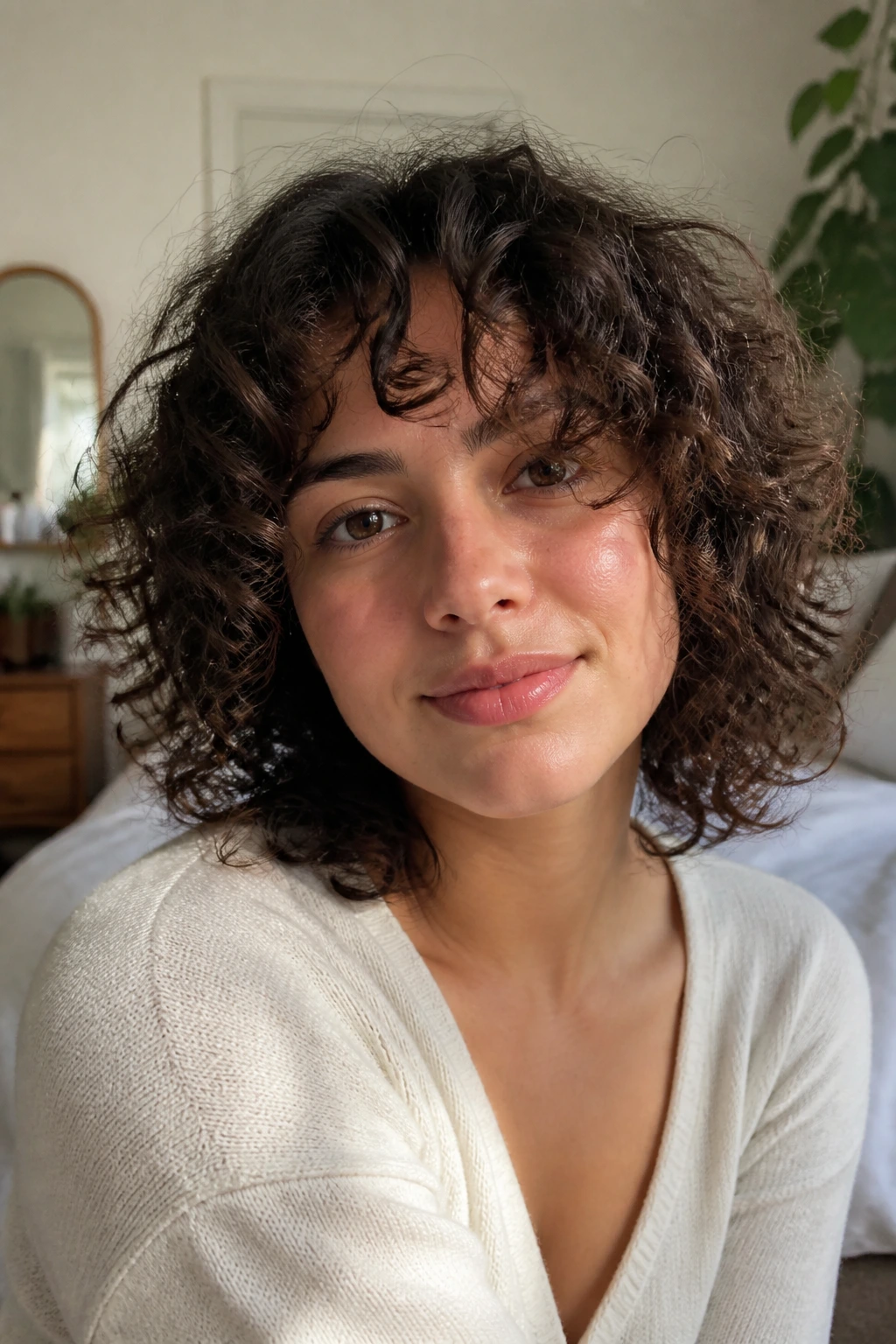 Close-up of a real person with curly hair looking balanced and defined on Day Three.