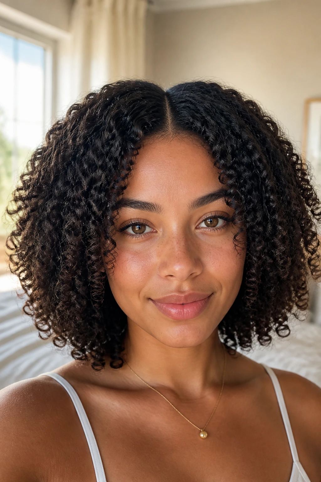 Close-up of a real person with a defined wash-and-go curls and center part