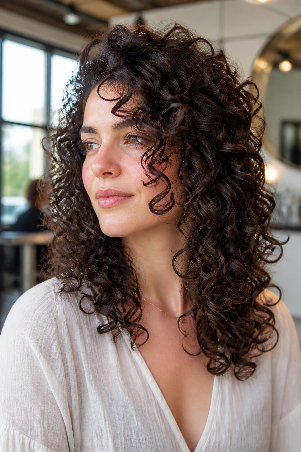 Close-up of a real woman with a Deva dry-cut on curly hair, front pieces lowered.