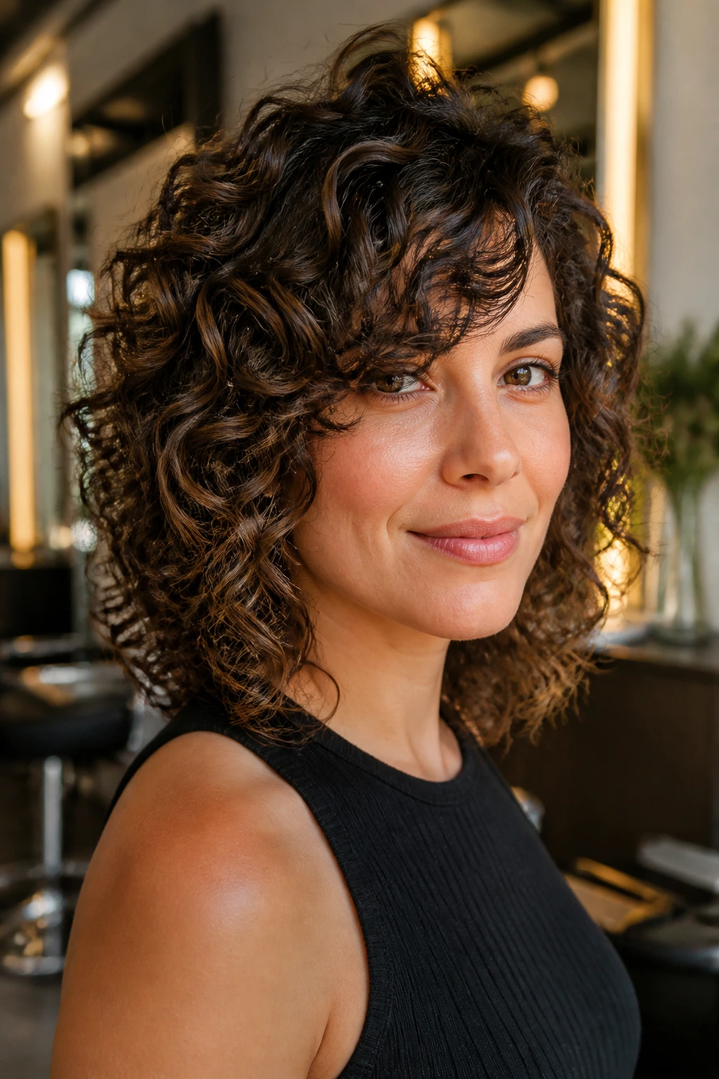 Close-up of real woman with curly hair and diagonal arc bangs