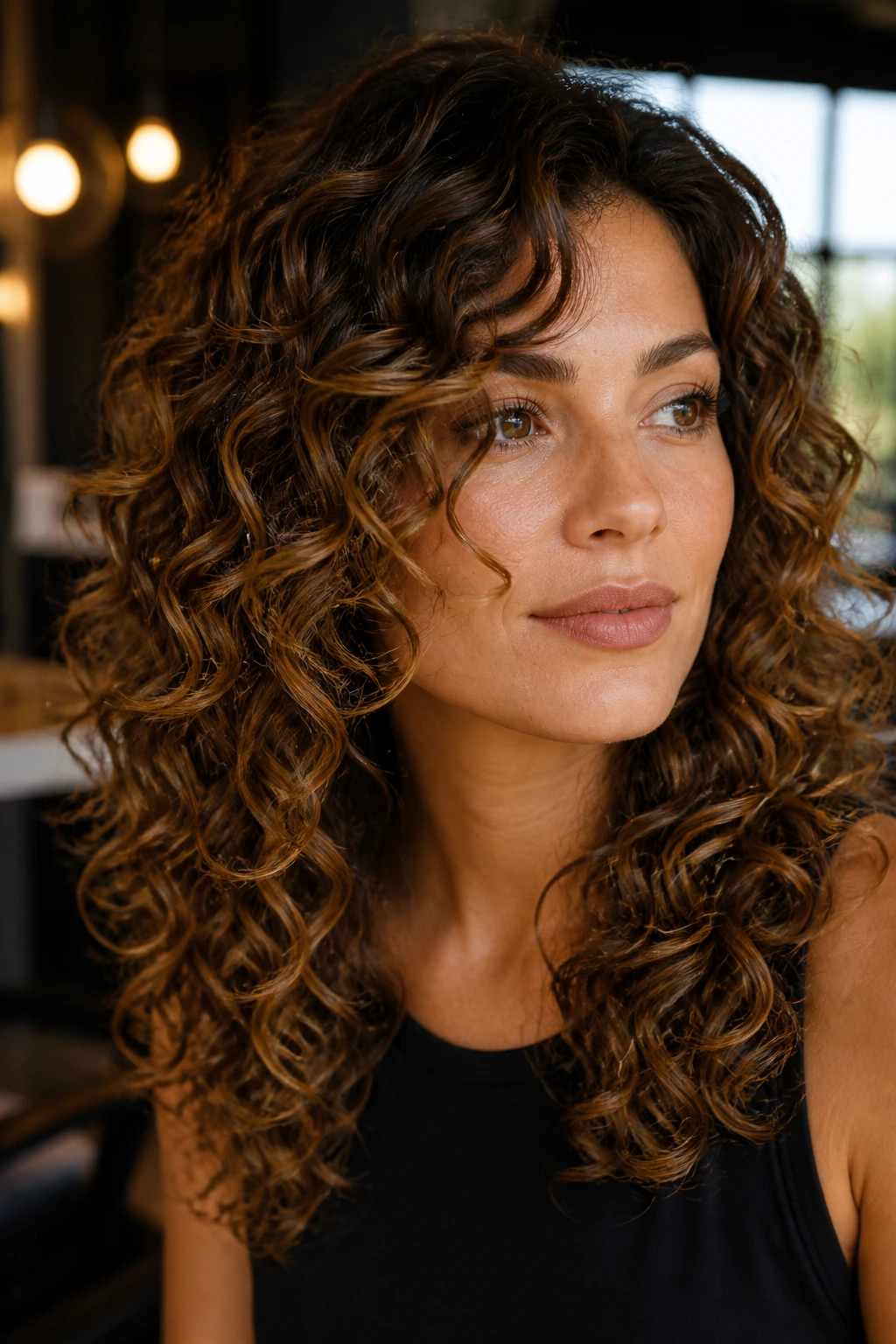 Close-up portrait of real woman with curly hair showing dry-cut layered curls around jaw