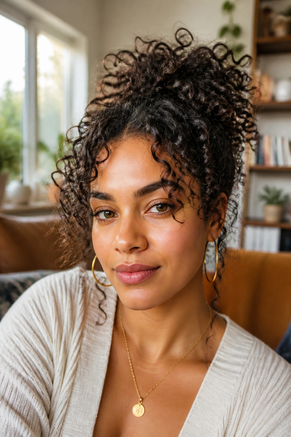 Close-up portrait of a real woman with curly hair showing a polished curl pattern in a cozy living room