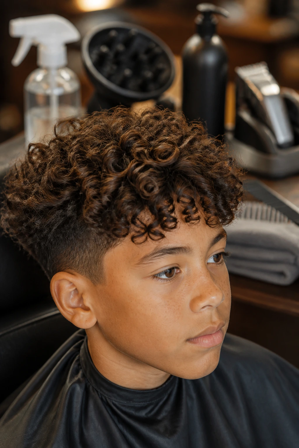 Real boy with curly hair in barber studio with equipment in soft focus