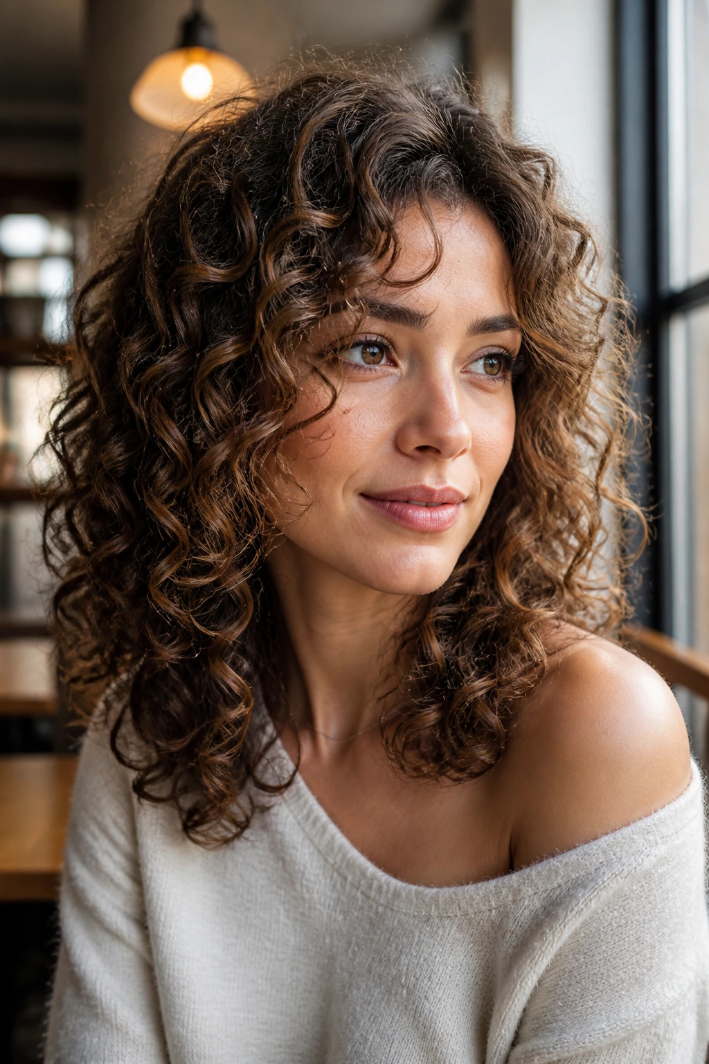 Close-up of a real person with face-framing curly layers and diffused volume