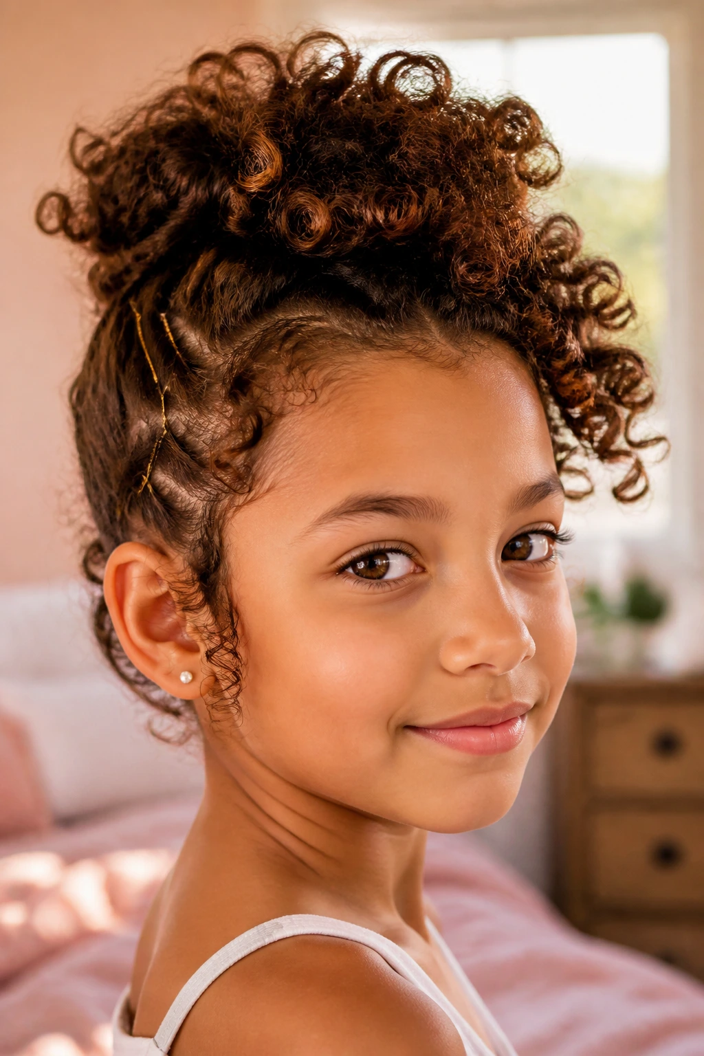 Close-up portrait of a real girl with a curly faux hawk, center crest and soft side curls in warm window light