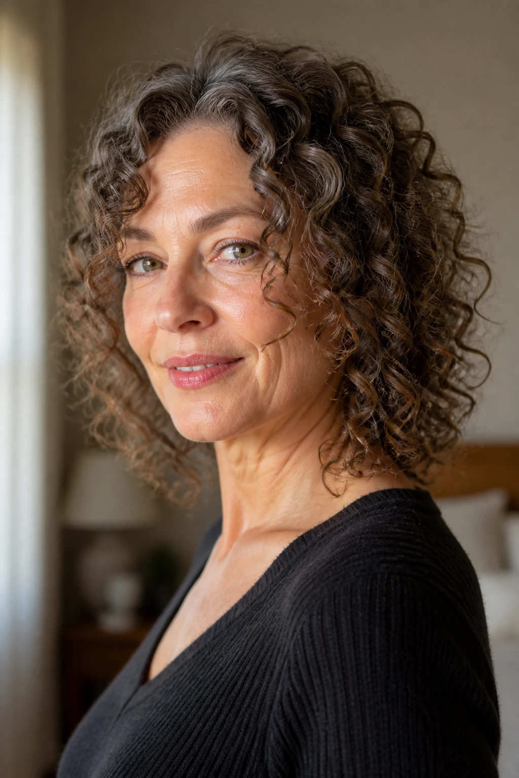 Close-up of a real woman with curl-by-curl framing around the cheeks and soft expression