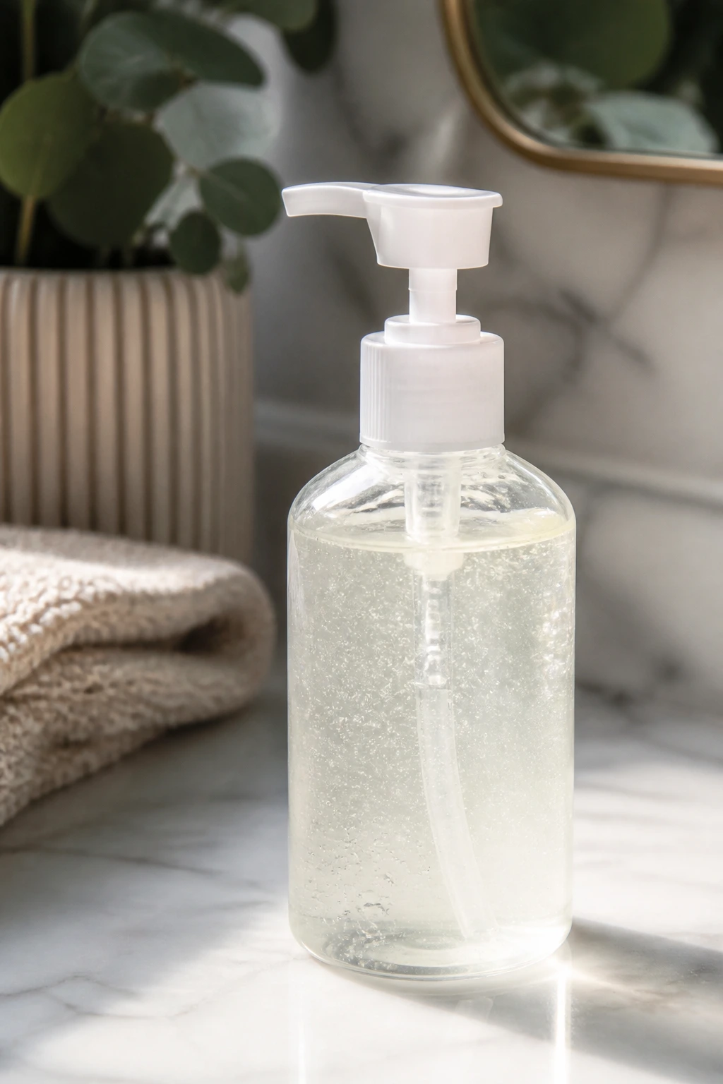 Unlabeled gel bottle on a bathroom counter representing product picks for curls