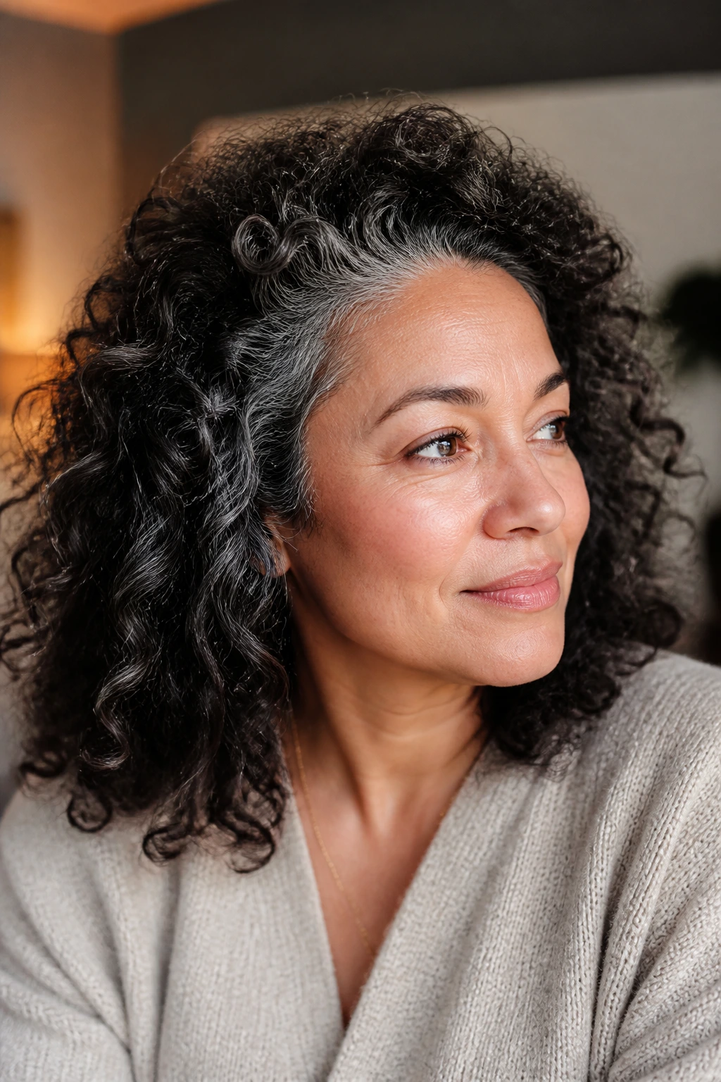 Close-up portrait of a real person with gray-tinted curly hair blending into dark curls.