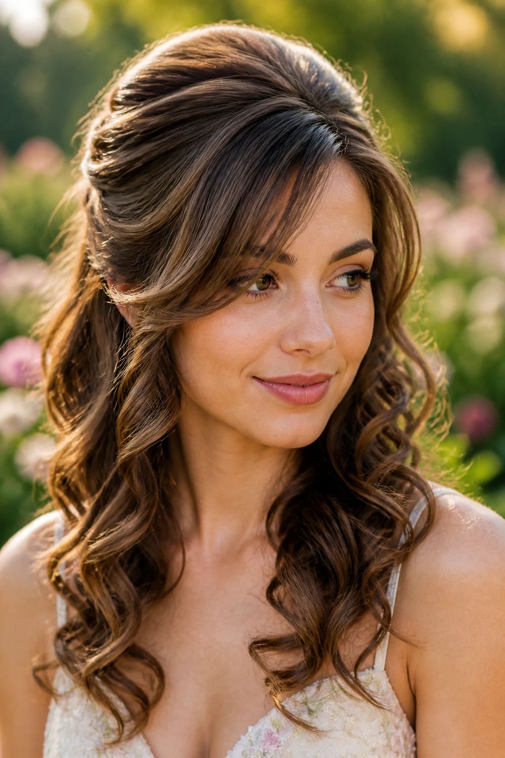 Close-up of a real woman with curled half-up half-down and crown lift.
