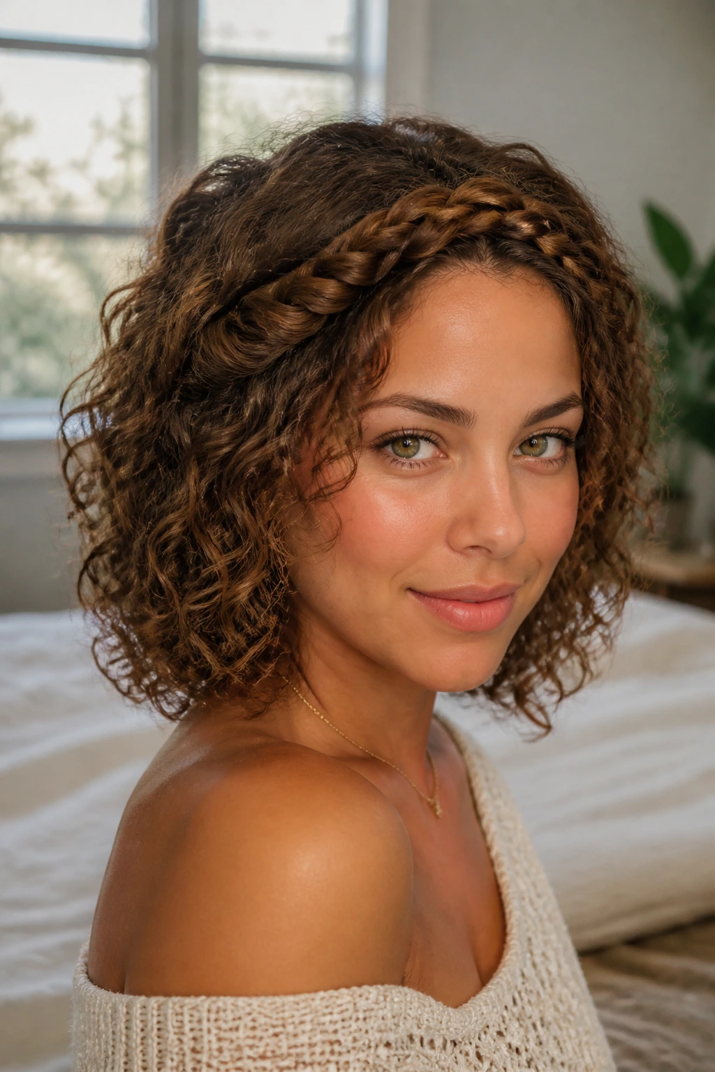 Close-up of a real woman's curly halo braid across the front with shoulder-length curls
