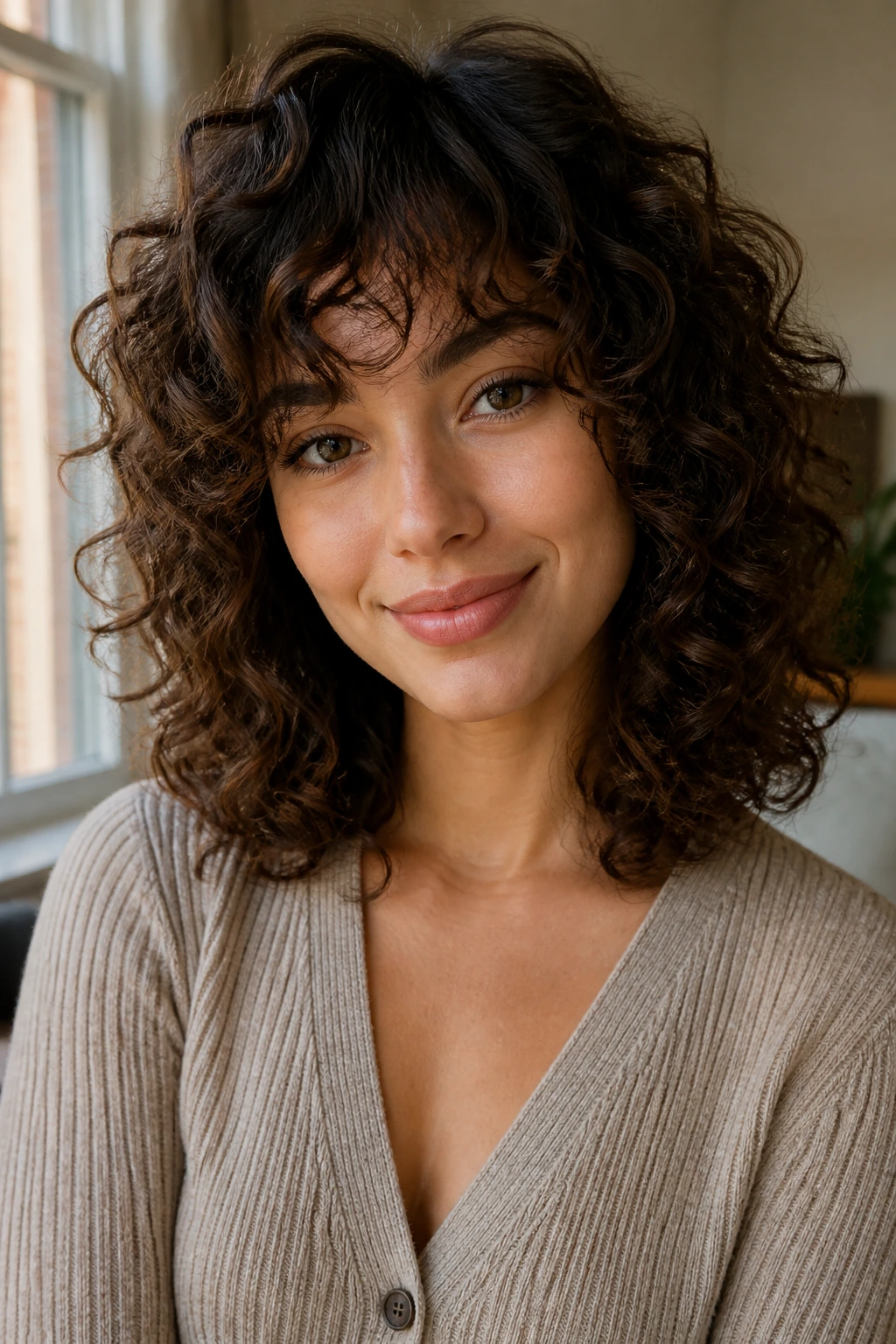 Close-up portrait of curly hair framing a heart-shaped face in natural light