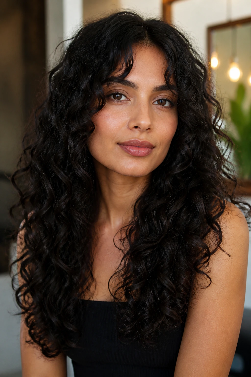 Real woman with long curls showing hidden internal layers and curtain bangs