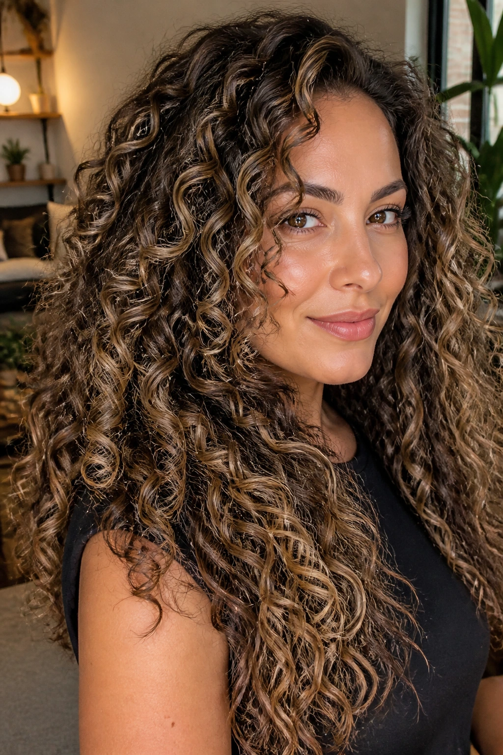 Curly hair with highlighted highlights and lowlights