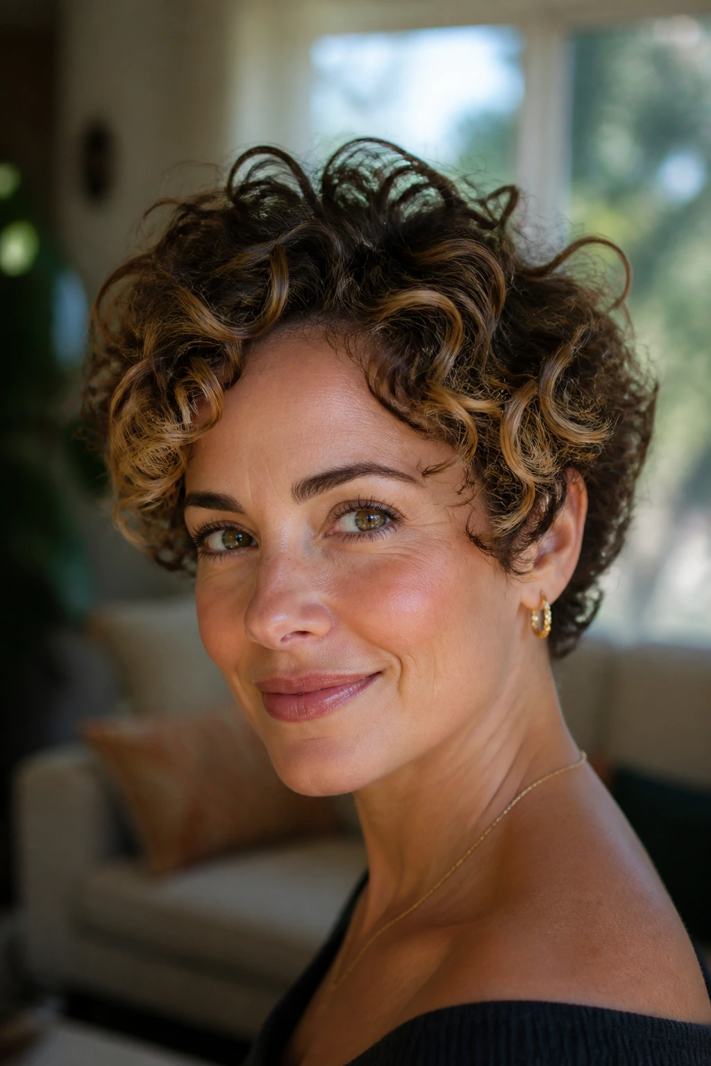 Short curly hair with highlights placed around face and outer curl curve.