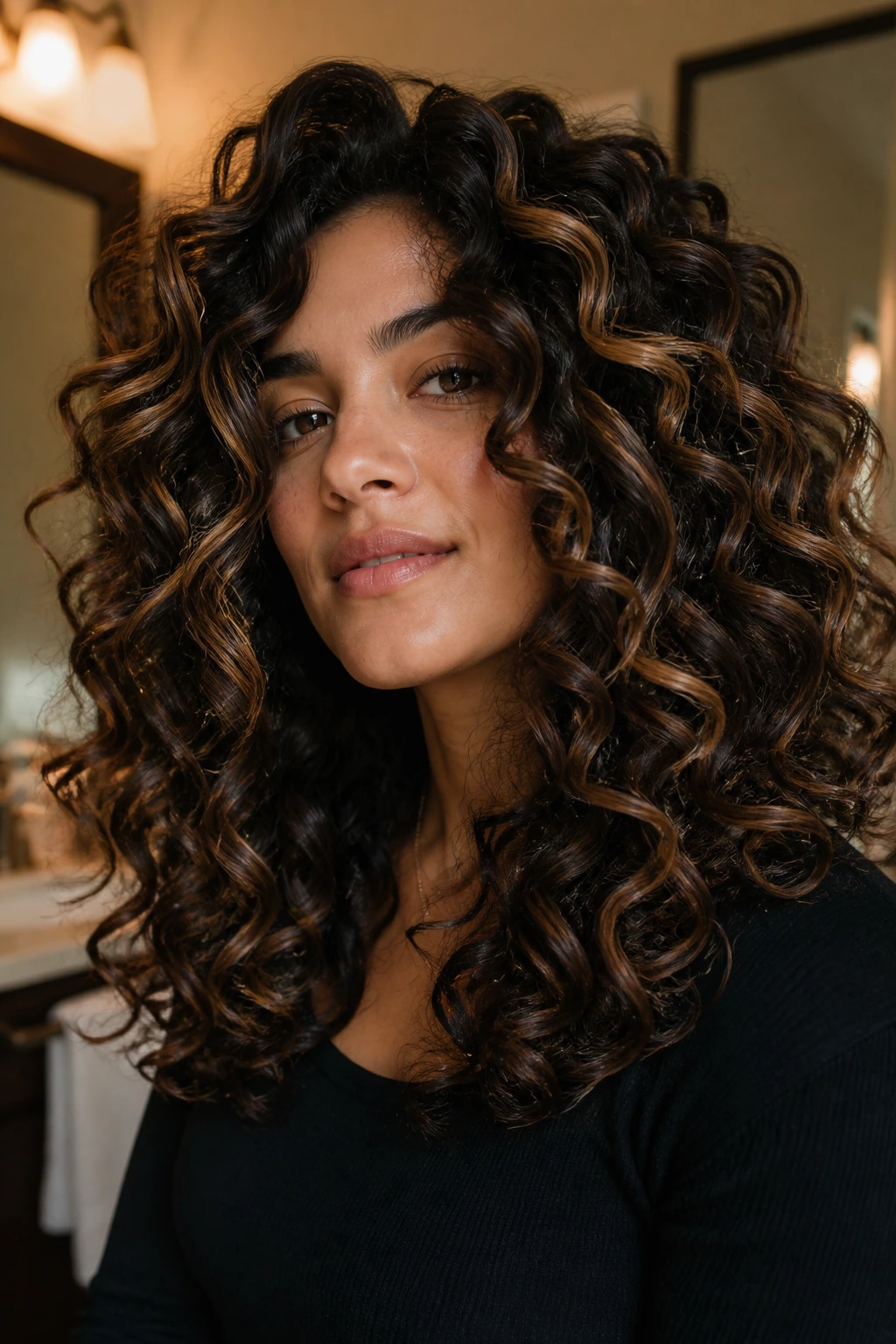 Close-up of a real woman with thick curly hair showing wide highlight ribbons in a curly coil edit style.