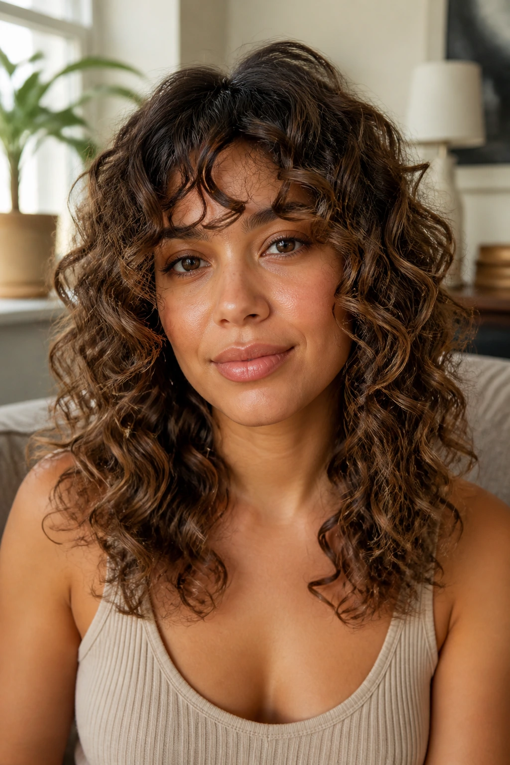 Close-up of a real person with intentional curly hair styling showing defined curl groups in warm light