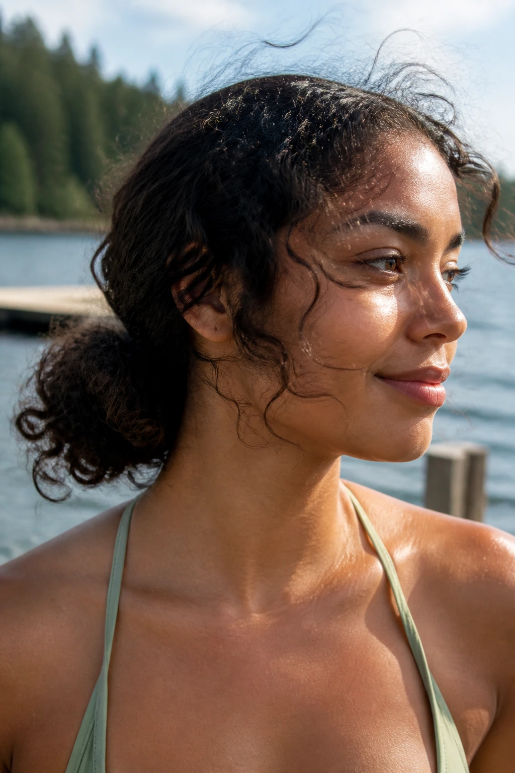 Close-up of a real woman by the lake with a secure low bun protecting curls.