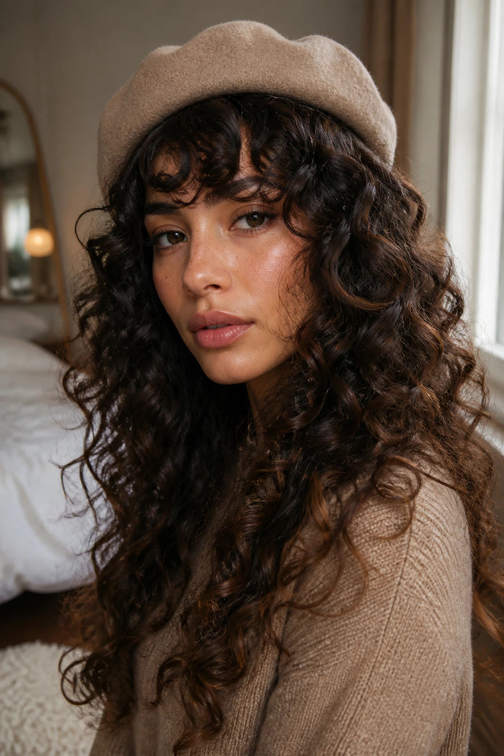 Close-up of a real woman with long curly layered hair wearing a beret in warm window-light setting