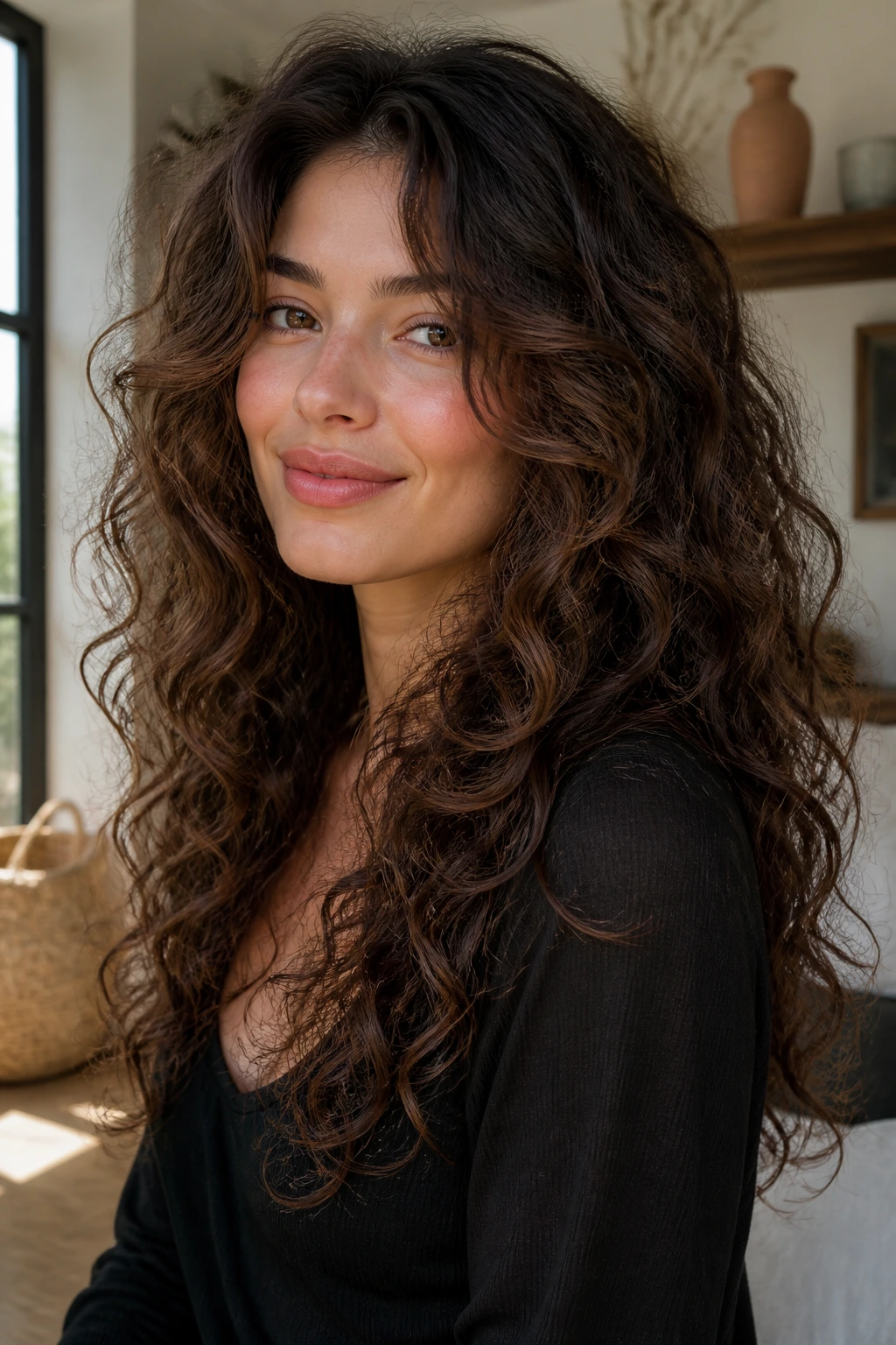 Close-up of a real woman with long curls and a soft face frame in a sunlit room