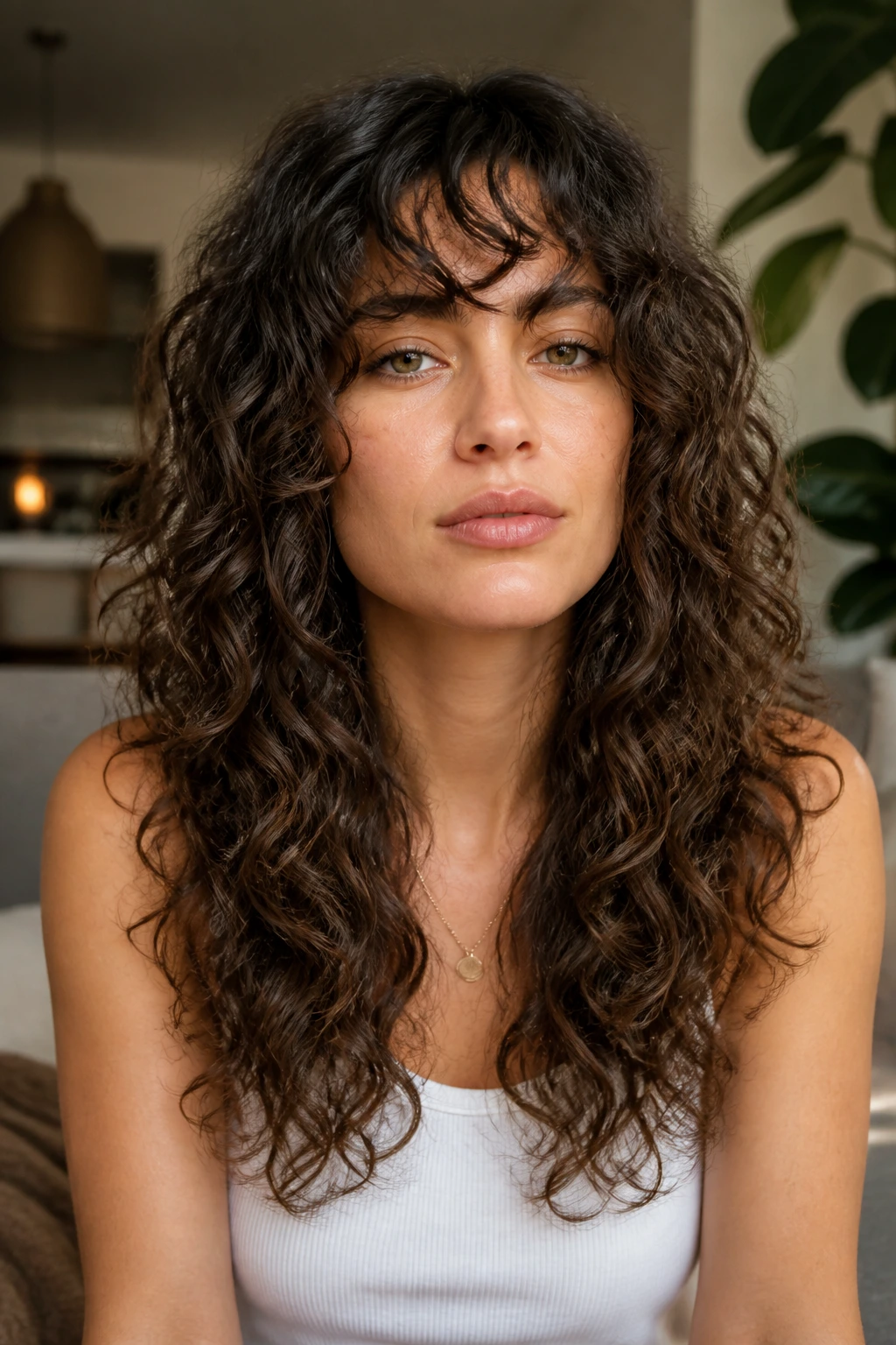 Close-up portrait of a real woman with curly long layers and curly fringe under warm window light