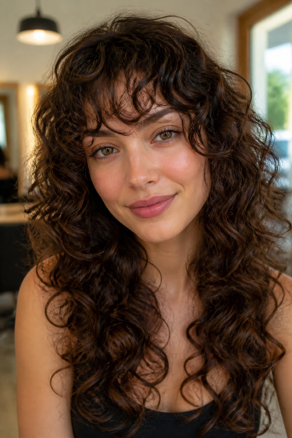 Close-up of a real woman with curly layers and a curly fringe in a salon setting