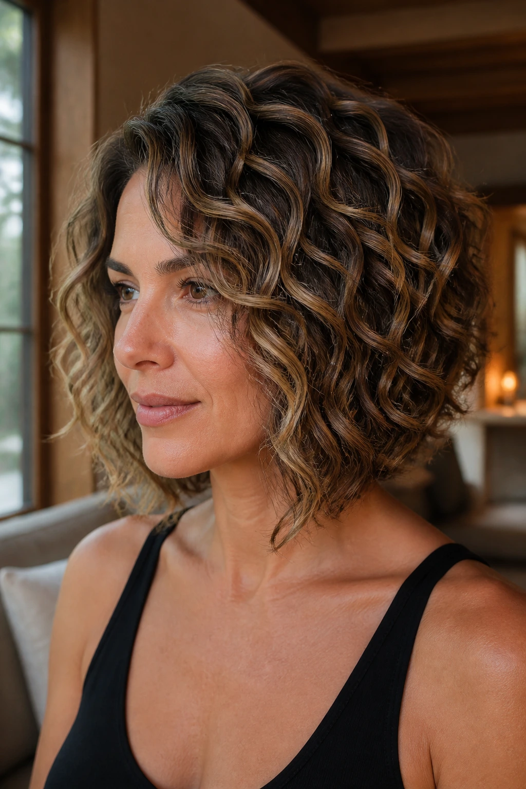 Close-up of a real woman with curly lob-stack hairstyle, back stacked to collarbone length, by a window.