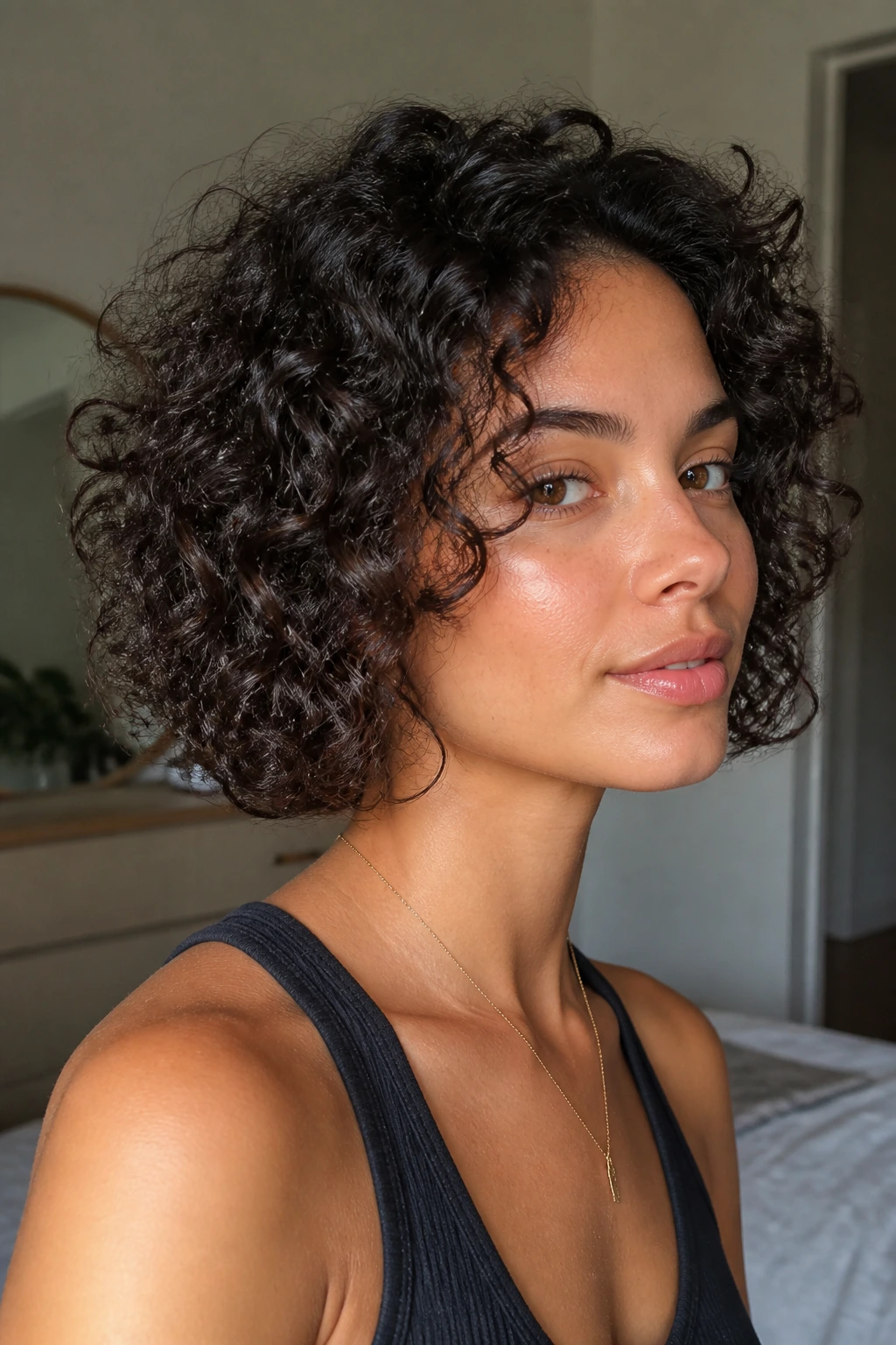 Close-up portrait of a real woman with a short curly lob showing shrinkage and curl definition