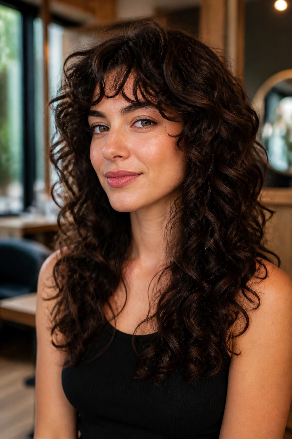 Close-up portrait of a real woman with curly hair in a versatile long-layered lob, warm salon lighting