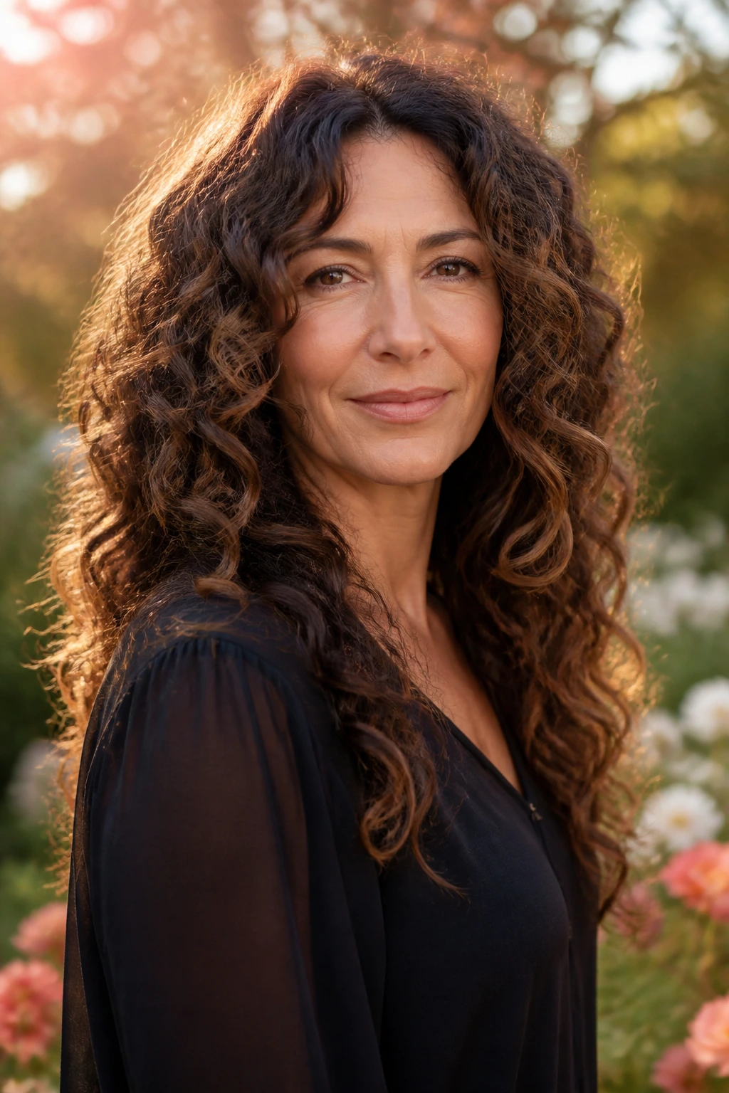 Close-up of a real woman with defined curly long layers under golden hour light.
