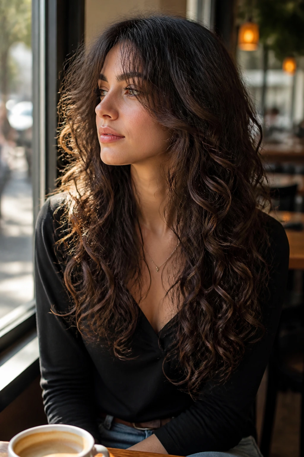 Portrait of long layered curly hair with curtain bangs