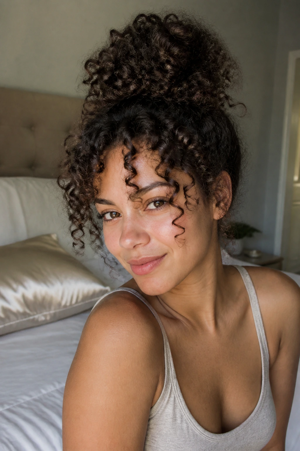 Person with loose pineapple hairstyle in a bedroom to preserve curly shape between haircuts