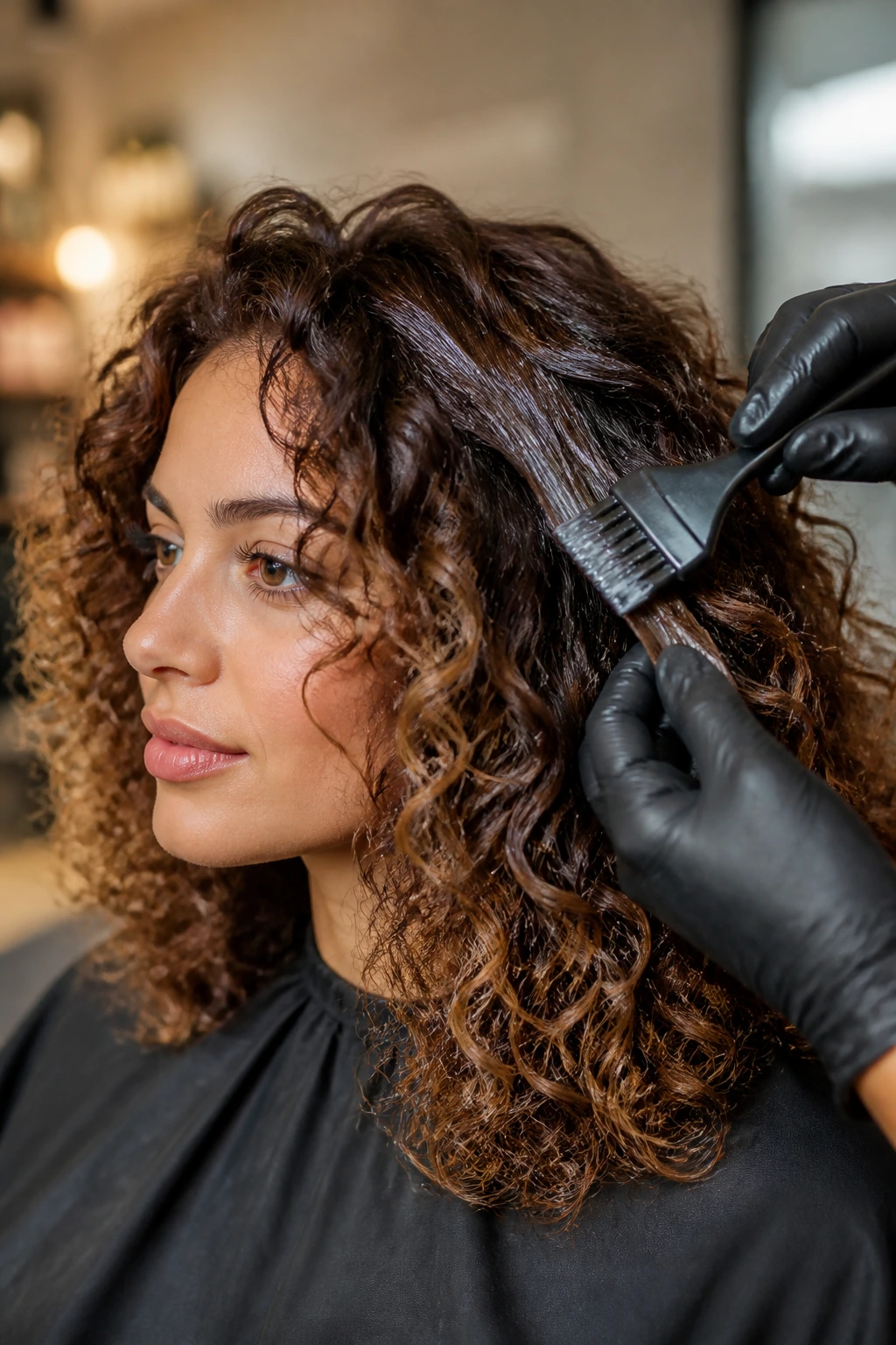 Close-up of curly hair with glossy color during salon maintenance